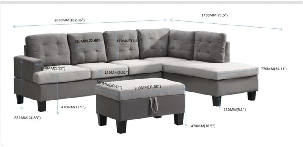 Sofa Set for Living Room with Chaise Lounge and Storage Ottoman Furniture，Interior Furniture, for,Gray