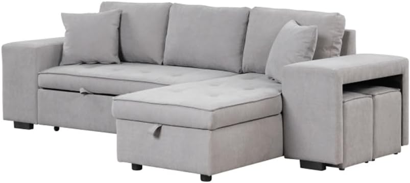 104" Pull Out Sleeper Sofa Reversible L-Shape 3 Seat Sectional Couch with Storage Chaise and 2 Stools