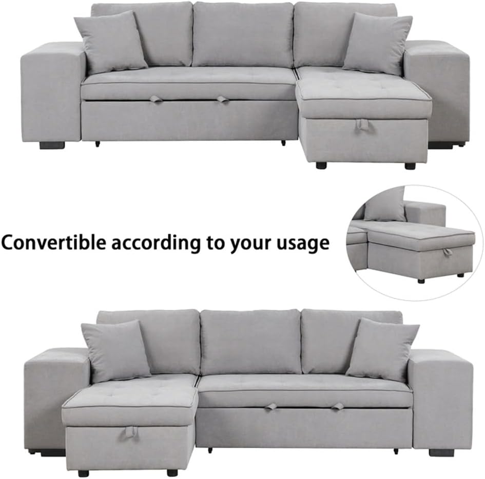 104" Pull Out Sleeper Sofa Reversible L-Shape 3 Seat Sectional Couch with Storage Chaise and 2 Stools