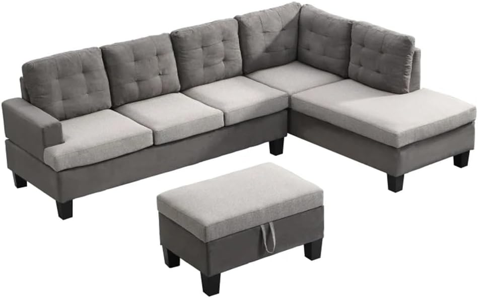 Sofa Set for Living Room with Chaise Lounge and Storage Ottoman Furniture，Interior Furniture, for,Gray