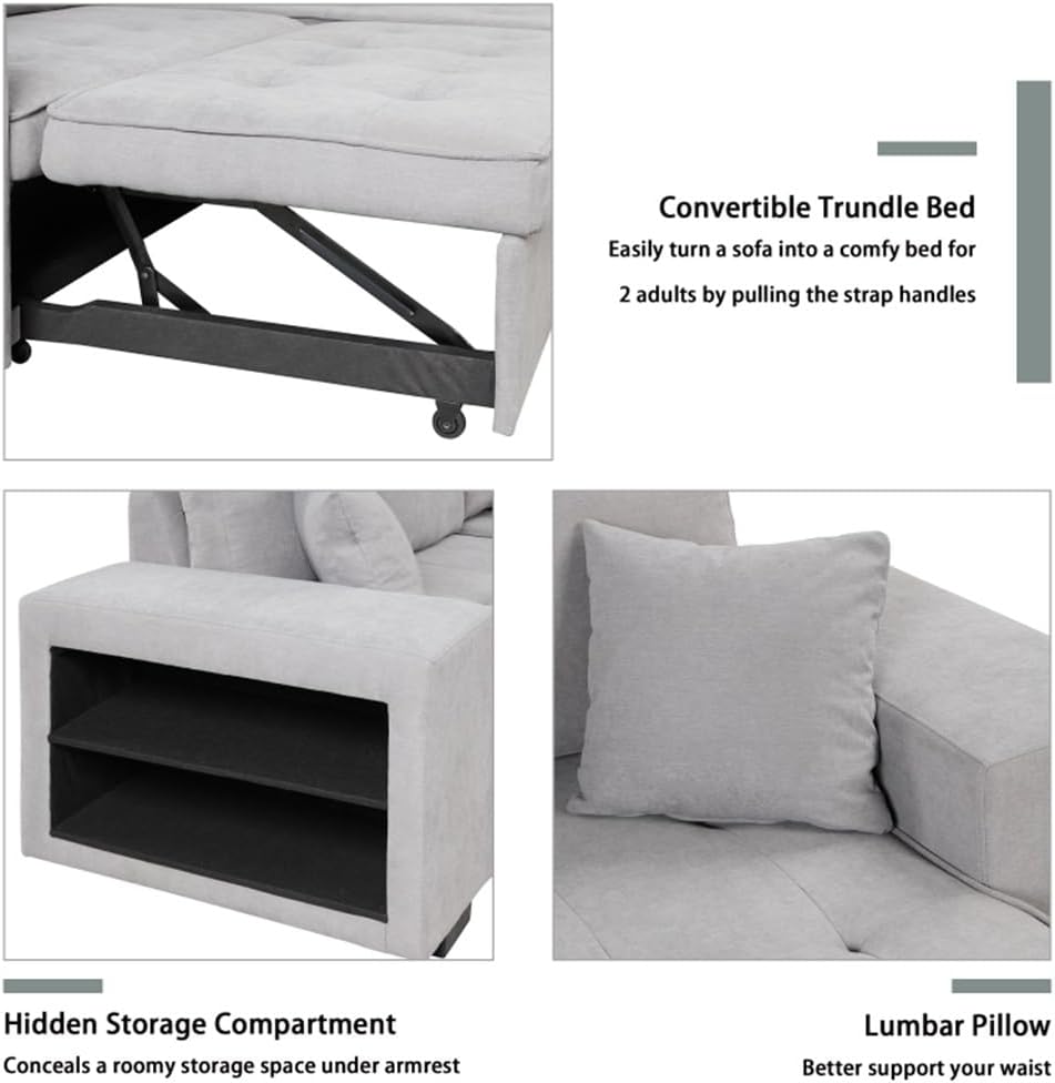 104" Pull Out Sleeper Sofa Reversible L-Shape 3 Seat Sectional Couch with Storage Chaise and 2 Stools