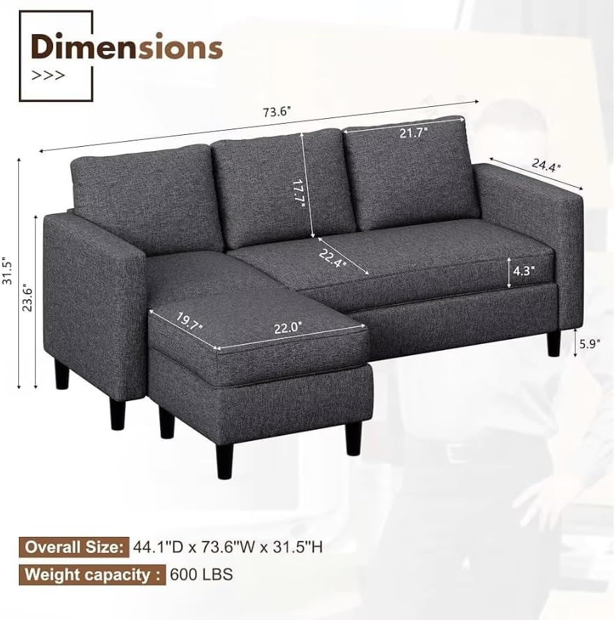 Small Sectional Couch Sofa Set L Shaped Living Room Furniture with Reversible Ottoman Comfortable Fabric Design