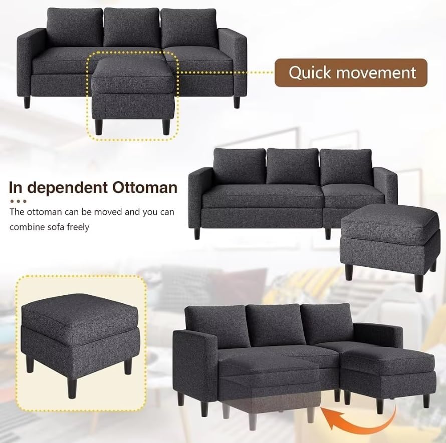 Small Sectional Couch Sofa Set L Shaped Living Room Furniture with Reversible Ottoman Comfortable Fabric Design