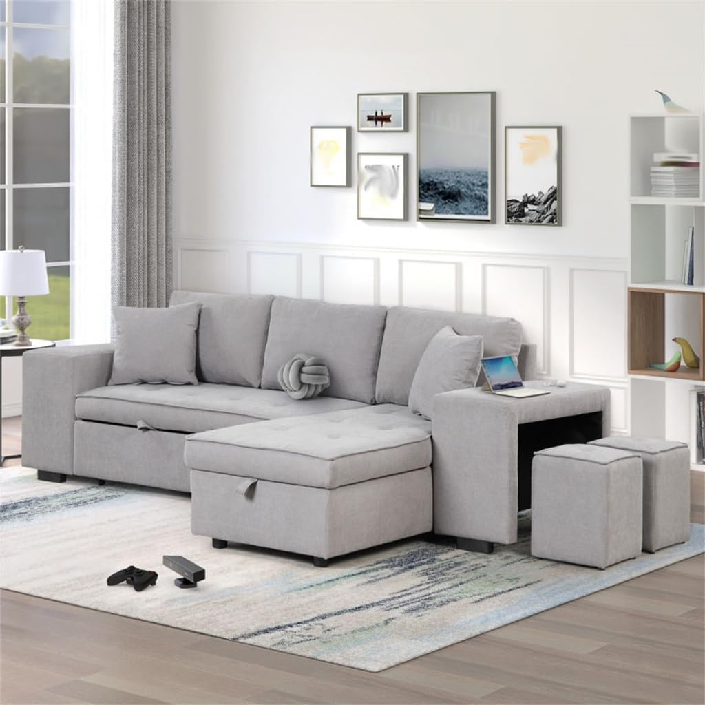 104" Pull Out Sleeper Sofa Reversible L-Shape 3 Seat Sectional Couch with Storage Chaise and 2 Stools