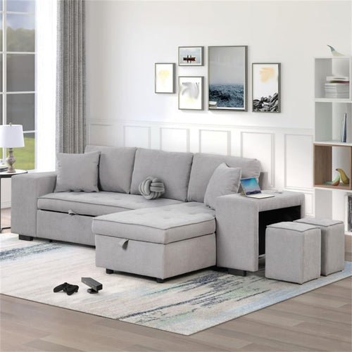 104" Pull Out Sleeper Sofa Reversible L-Shape 3 Seat Sectional Couch with Storage Chaise and 2 Stools